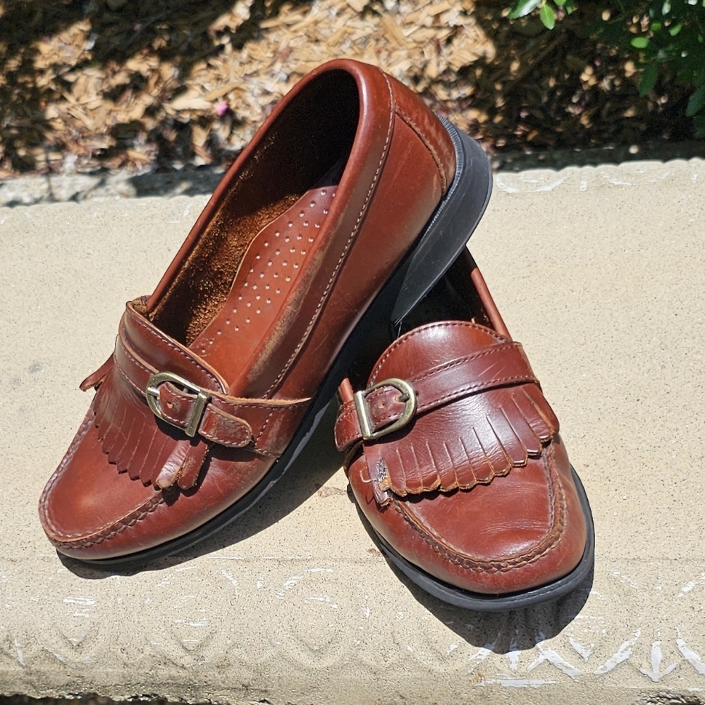 Sebago Brown Leather Kiltie Loafers with Buckle